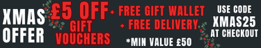 xmas gift voucher offer. £5 off all xmas gift vouchers over £50. XMAS25. Enter at checkout