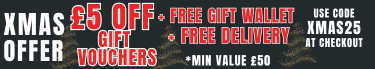 xmas gift voucher offer. £5 off all xmas gift vouchers over £50. XMAS25. Enter at checkout